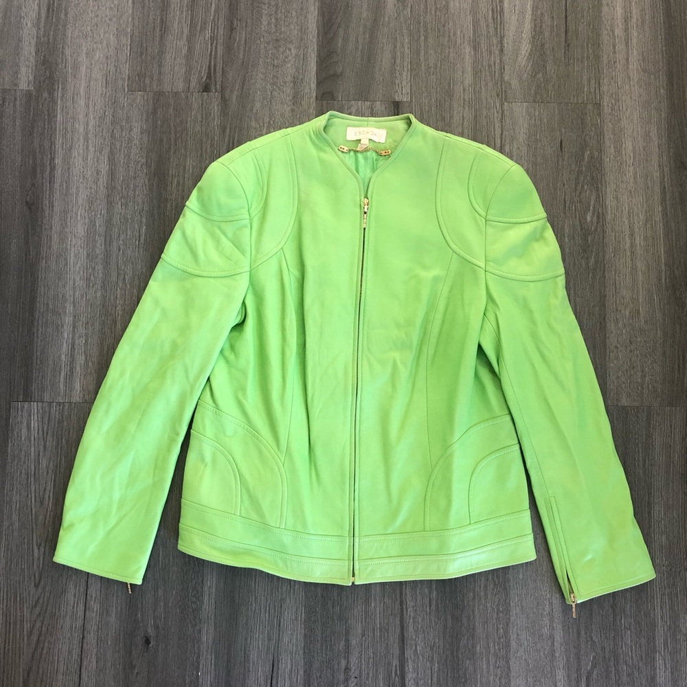 Escada Motorcycle Green Leather Jacket Coat - Picture 2 of 10